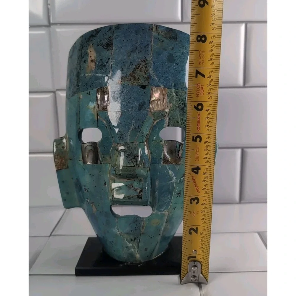Vintage Art Sculpture Abalone Shell Pearl Mayan/Aztec Mask Blue Turquoise Displa